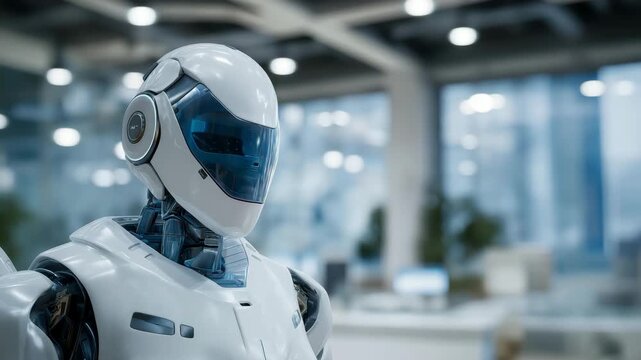 Highly realistic humanoid robot with soft synthetic skin walking through modern tech facility, symbolizing the future of robotics, emotional AI, and lifelike automation design. cinematic color