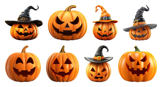 PNG Halloween pumpkins with witch hats, element set on transparent background