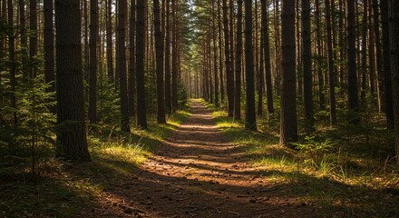 A dirt path through a dense forest with tall thin trees view , trending, fashion, lifestyle