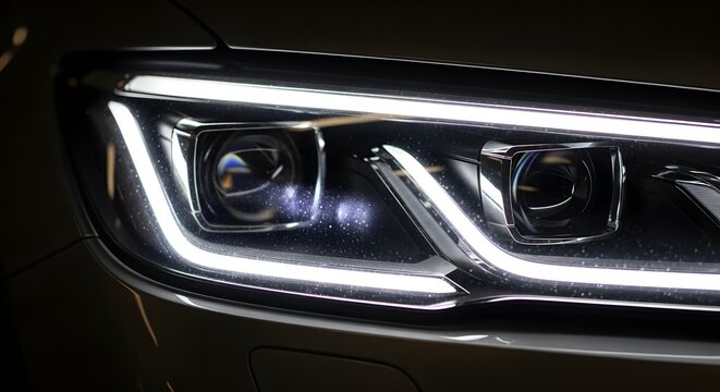 Close up of a modern car headlight with bright white led daytime running lights illuminating the dark night