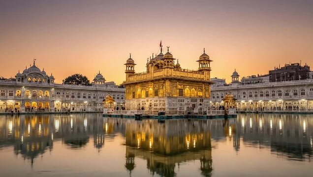 majestic golden temple at sunset with reflection in holy water