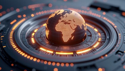 Dynamic digital globe pulses with vibrant orange energy amidst futuristic technology, symbolizing global connectivity and innovation.