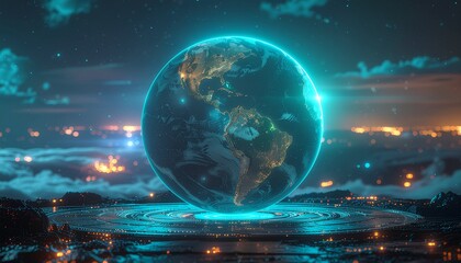 Stunning digital globe illuminates futuristic cityscape, symbolizing global connectivity and advanced technology.