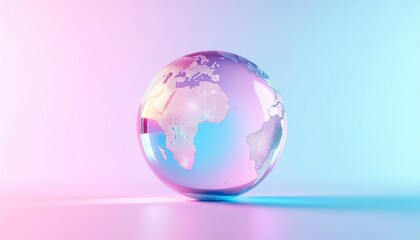 Stunning holographic globe reflecting vibrant neon lights on a clean studio background, symbolizing global connection and modern technology.