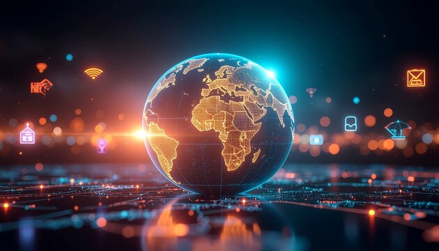 Dynamic digital globe with glowing connections and abstract data streams symbolizing global connectivity and modern technology trends