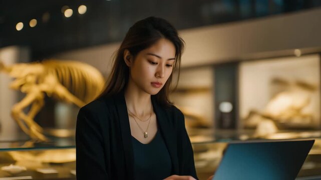 Museum curator using AI virtual assistant to manage digital collections and visitor experiences, symbolizing culture-tech integration, smart archiving, and interactive engagement. cinematic color