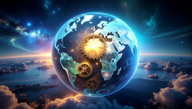 Stunning digital globe with intricate gears symbolizing global innovation and interconnected technology powering future progress against a cosmic backdrop