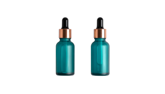 Teal cosmetic serum bottle with detached metallic dropper isolated on transparent background