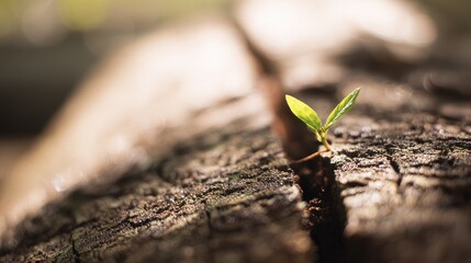 extending. A young, tender sprout extends from the sturdy trunk of an ancient tree in soft morning light. gardening catalogs, home-decor guides, designed for gardening and botanical catalogs.