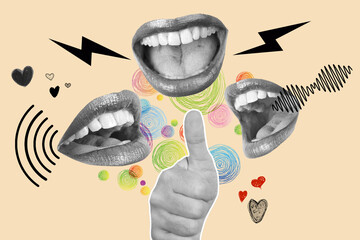 Three woman mouth and a hand with thumb up on a beige background with rays, hearts and  colored...