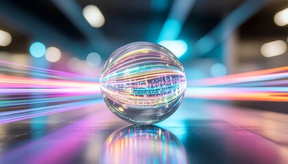 Dynamic glass sphere with vibrant light trails representing data flow and digital transformation, modern technology concept