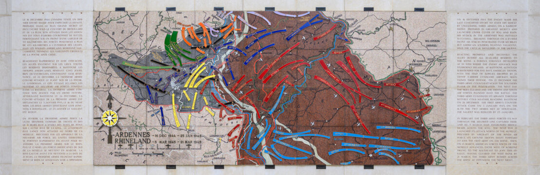 A map depicting the combat conducted during the Battle of the Bulge and the Rhineland Campaign. Luxembourg American Cemetery.