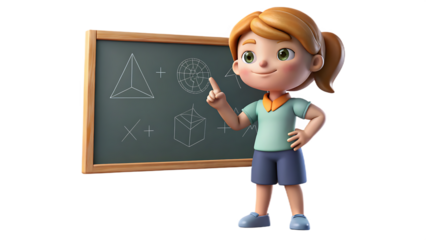 Cartoon girl pointing at chalkboard with geometric shapes and plus signs drawn on it in a classroom setting