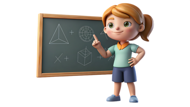 Cartoon girl pointing at chalkboard with geometric shapes and plus signs drawn on it in a classroom setting - Powered by Adobe