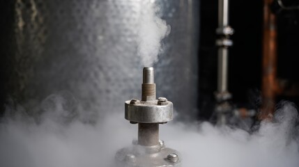 boiler. Industrial boiler safety valve releasing high-pressure steam, white vapor column. safety posters, maintenance manuals, designed for industrial assembly lines and welding operations.