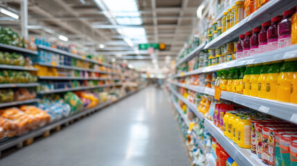 Colorful shelves filled with various beverages and groceries in a supermarket aisle, showcasing a vibrant shopping experience during the holiday season