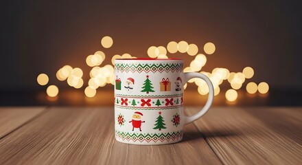 A festive Christmas mug with a holiday pattern on a wooden table against a background of warm bokeh lights.