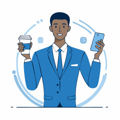 Professional man in blue suit holding coffee cup and smartphone with social media icons and circles