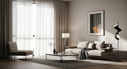Fototapeta premium Elegant modern living room interior with minimalist furniture and natural light from a large window.