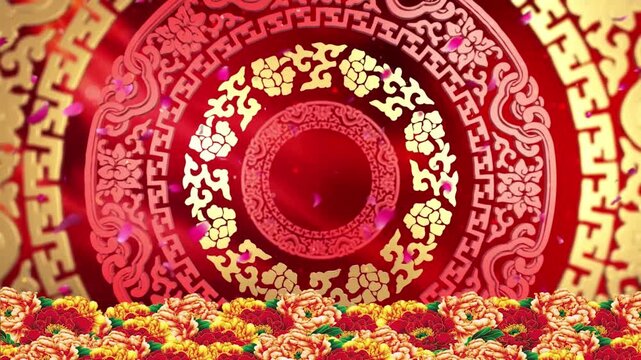 Chinese New Year background video, red round floral pattern rotating. Chinese New Year blessing video, Asian festival celebration, choose this video for your new year.
