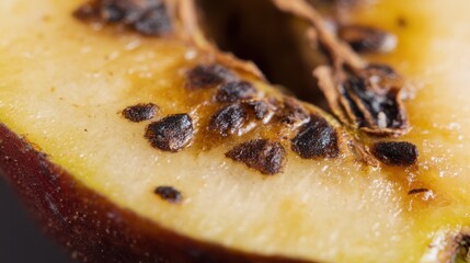 spoilage. A close-up of fruit showing natural decay with dark rot spots. menu design, packaging mockups, designed for culinary blogs and recipe cards for restaurants.