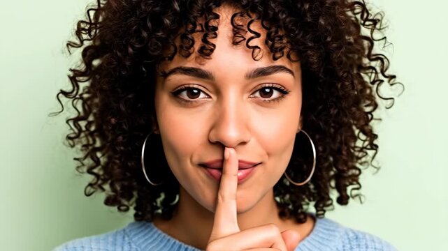 Curly-haired woman gesturing silence against pastel green backdrop Portrait of a young female with finger on lips, promoting secrets, quietness, and discretion 4K Video