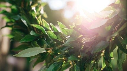 laurel. A wreath of laurel leaves in natural sunlight against a soft background. gardening catalogs, home-decor guides, designed for home decor and floral branding, used by videographers.