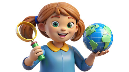 Cartoon girl holding a globe and magnifying glass for exploration and discovery of the world