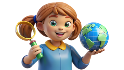 Cartoon girl holding a globe and magnifying glass for exploration and discovery of the world
