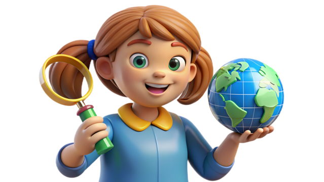 Cartoon girl holding a globe and magnifying glass for exploration and discovery of the world