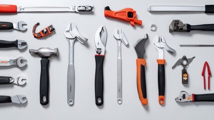 handyman. Professional tools arranged on a white surface, clean and organized for a minimalist aesthetic. product launch decks.