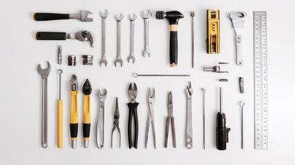 handyman. Professional tools arranged on a white surface, clean and organized for a minimalist aesthetic. product launch decks.