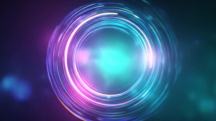 Abstract glowing neon light circles in a futuristic digital tunnel. Vibrant blue, purple, and pink rings with bokeh effect. - Powered by Adobe