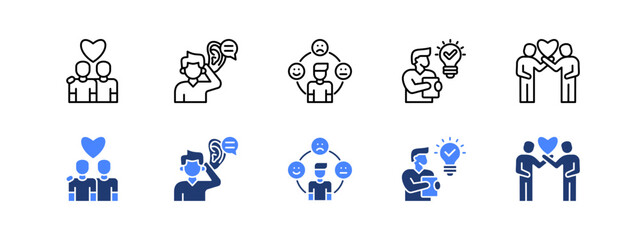 Empathy, Active listening, Emotional intelligence, Understanding, Respect with two styles, line and duotone icon.