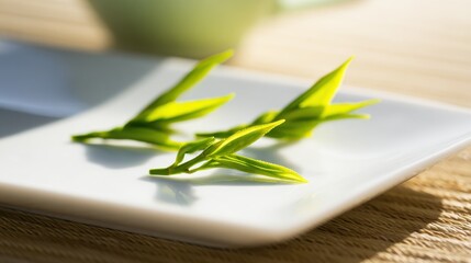 shallow. Fresh green tea leaves on a white plate with natural daylight and soft focus. menu design, packaging mockups, designed for culinary blogs and recipe cards for restaurants.