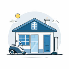 Blue House Illustration with Lawn Mower and Vacuum Cleaner, Home Maintenance Concept