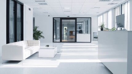 lobby. A modern office lobby with clean white walls and minimalist furniture, filled with natural light. real-estate listings.