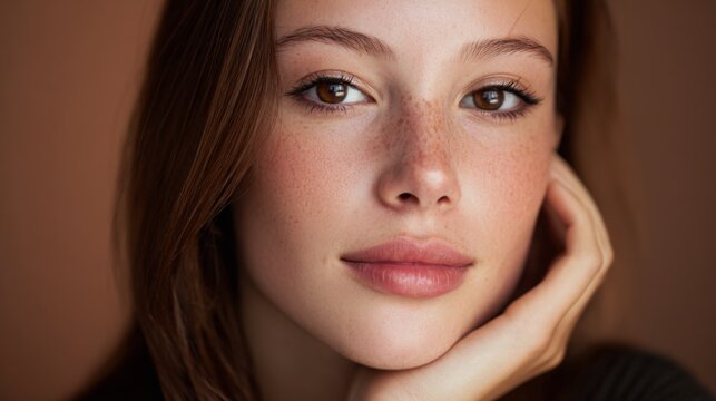 Close-Up Portrait of a Young Woman with Freckles and Natural Makeup Gazing Thoughtfully at the Camera Against a Warm Brown Background