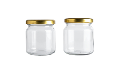 Transparent glass jar with shiny golden cap isolated on transparent background