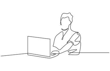 Man working on laptop and tablet in minimalist line art style. Minimalist single line art vector illustration