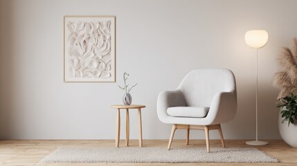 armchair. A minimalist living room corner featuring a modern armchair and abstract art in a clean, Scandinavian style. lifestyle magazines.