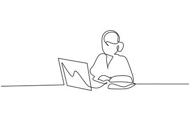 Man working on laptop and tablet in minimalist line art style. Minimalist single line art vector illustration