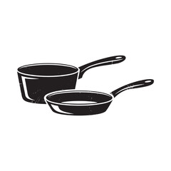 Black cooking pots and frying pan isolated on white background