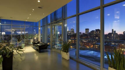 penthouse. Glass-walled penthouse with a city skyline view through floor-to-ceiling windows at twilight. real-estate listings.
