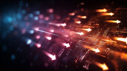 Obraz premium Illuminated arrows stream across a dark digital field toward the right