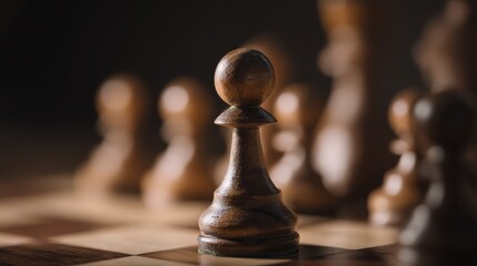 pawn. Chess pawn advanced deep into enemy territory on a wooden board, top-down view. public awareness campaigns, NGO reports, designed for public awareness campaigns and NGO communications.