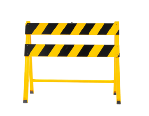 A yellow A-frame construction barricade with two horizontal black and yellow striped panels, isolated on a clean light gray background.