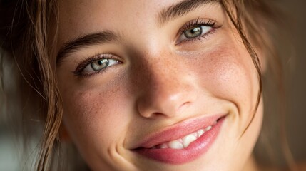Obraz premium Young Woman with Beautiful Skin and Bright Smile Captured in Natural Light with a Soft Focus Background Enhancing Her Feminine Charm and Youthful Glow