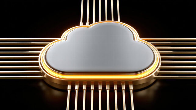 Digital cloud chip in financial technology concept with glowing gold lines on black background