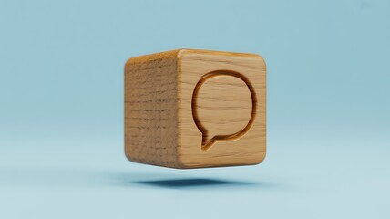 Wooden cube with a speech bubble icon, representing communication, dialogue, or messaging on a light blue background